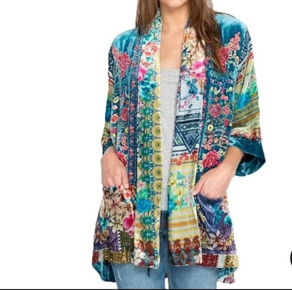 Womens Johnny Was Gigi Silk Blend Velvet Kimono Patchwork Jacket Size XL EUC!